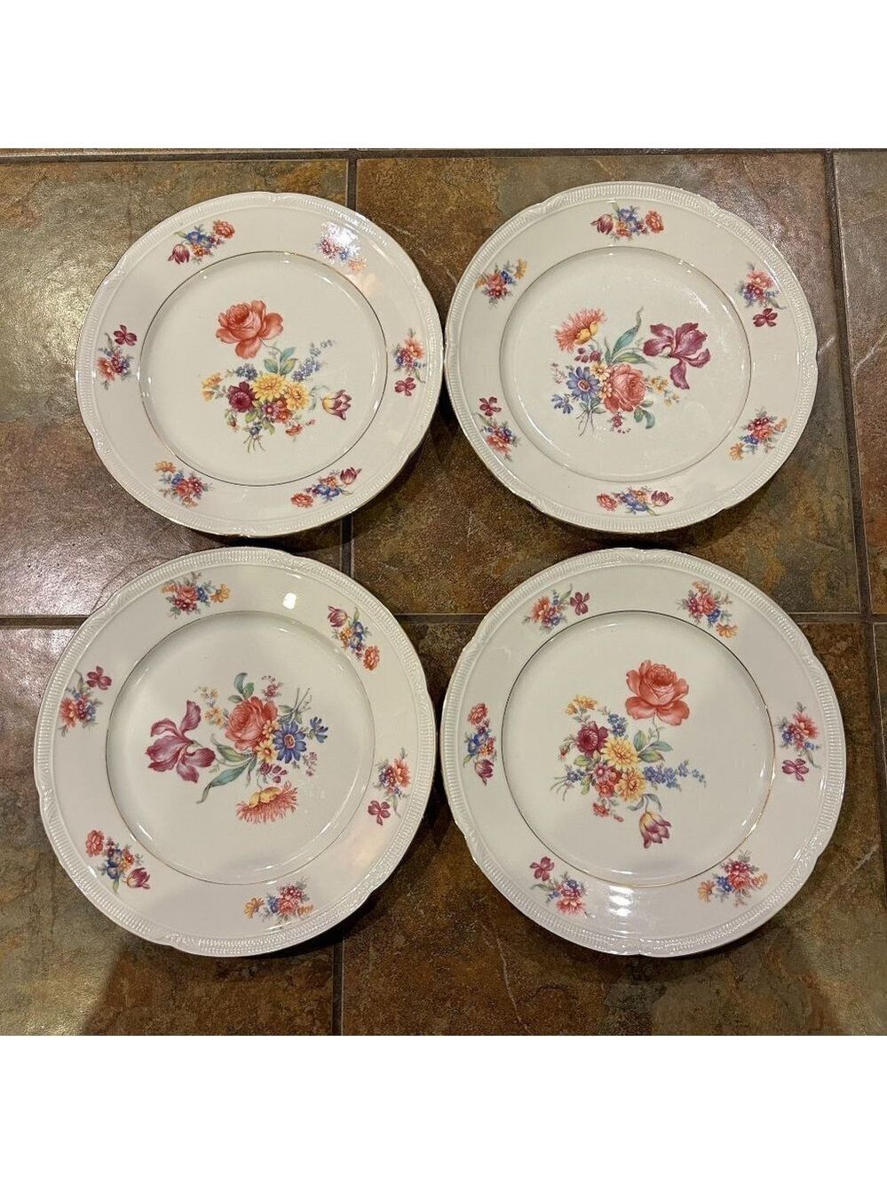 Zeh Scherzer Bavaria Germany Floral Minuet Dinner Plate Set of 4 9-3/4' Gold Tri